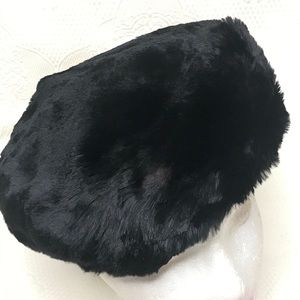 Vintage Black Genuine Fur Beret Hat w/Hat Pin